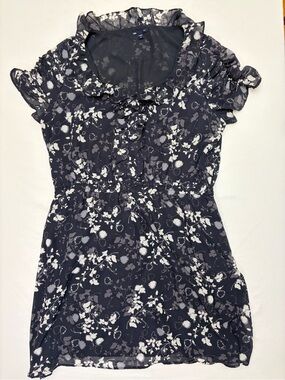 Gap Women XXL Floral Chiffon Ruffle Neck Mini Dress Black White Elastic Waist